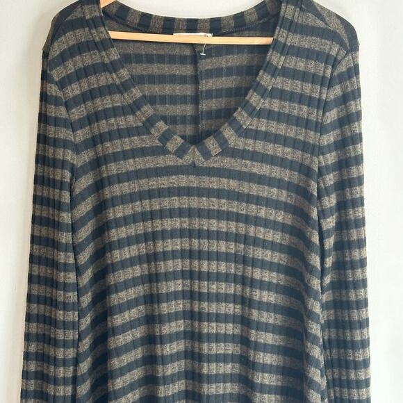 Entro Ribbed Jersey Striped Swing Dress Womens Large Green Black Long Sleeve - Picture 5 of 7